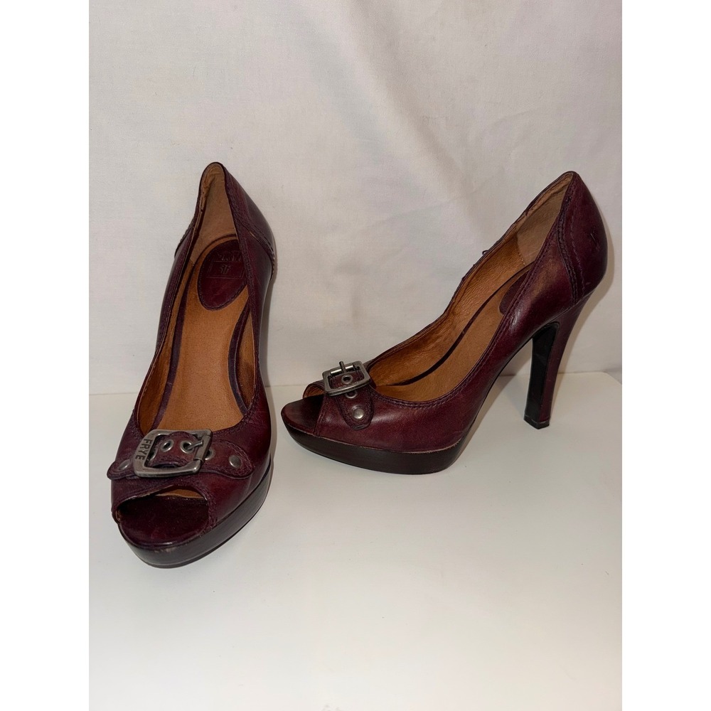 Frye Gail Pump Burgundy Leather Peep Toe Buckle Platform Heels 7M F0011 D08